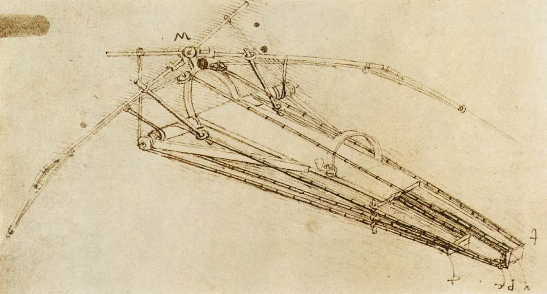 Leonardo da Vinci, study of a flying machine. Historical notebook drawing.