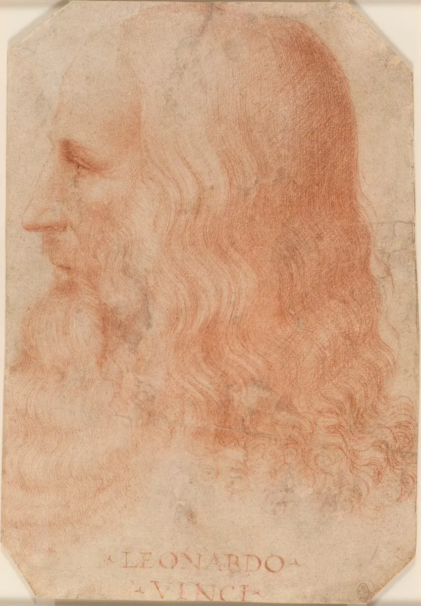 Portrait of Leonardo da Vinci attributed to Francesco Melzi. Historical red-chalk drawing.