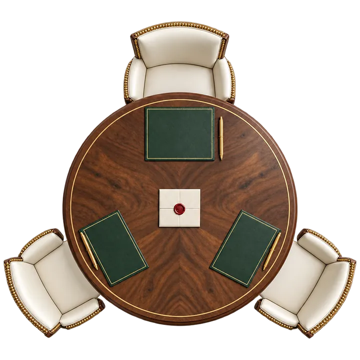 A round walnut table seen from above: three chairs, a writing pad at each place and a sealed letter at its centre.